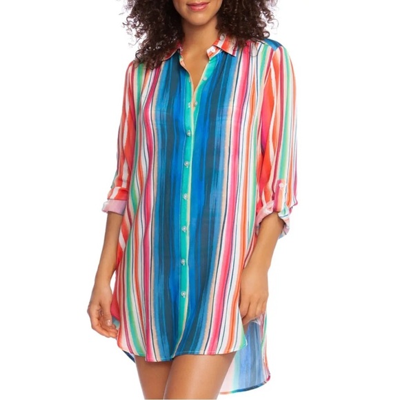 La Blanca Solar Stripe Button-Down Coverup - Picture 1 of 10